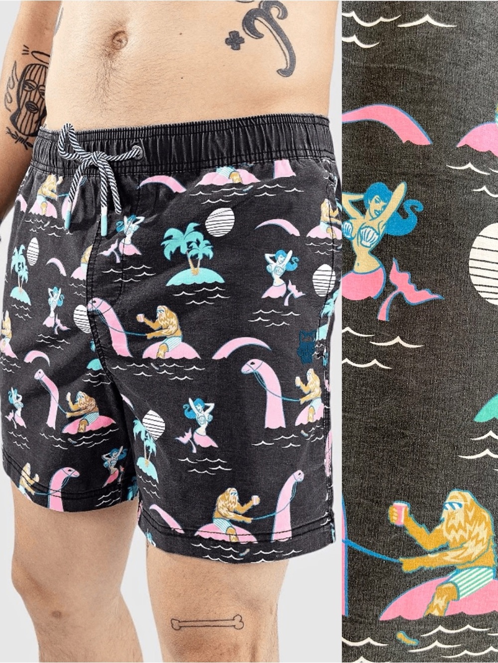Party Pants Beerlieve shorts black washed finish mermaid Bigfoot tropical print